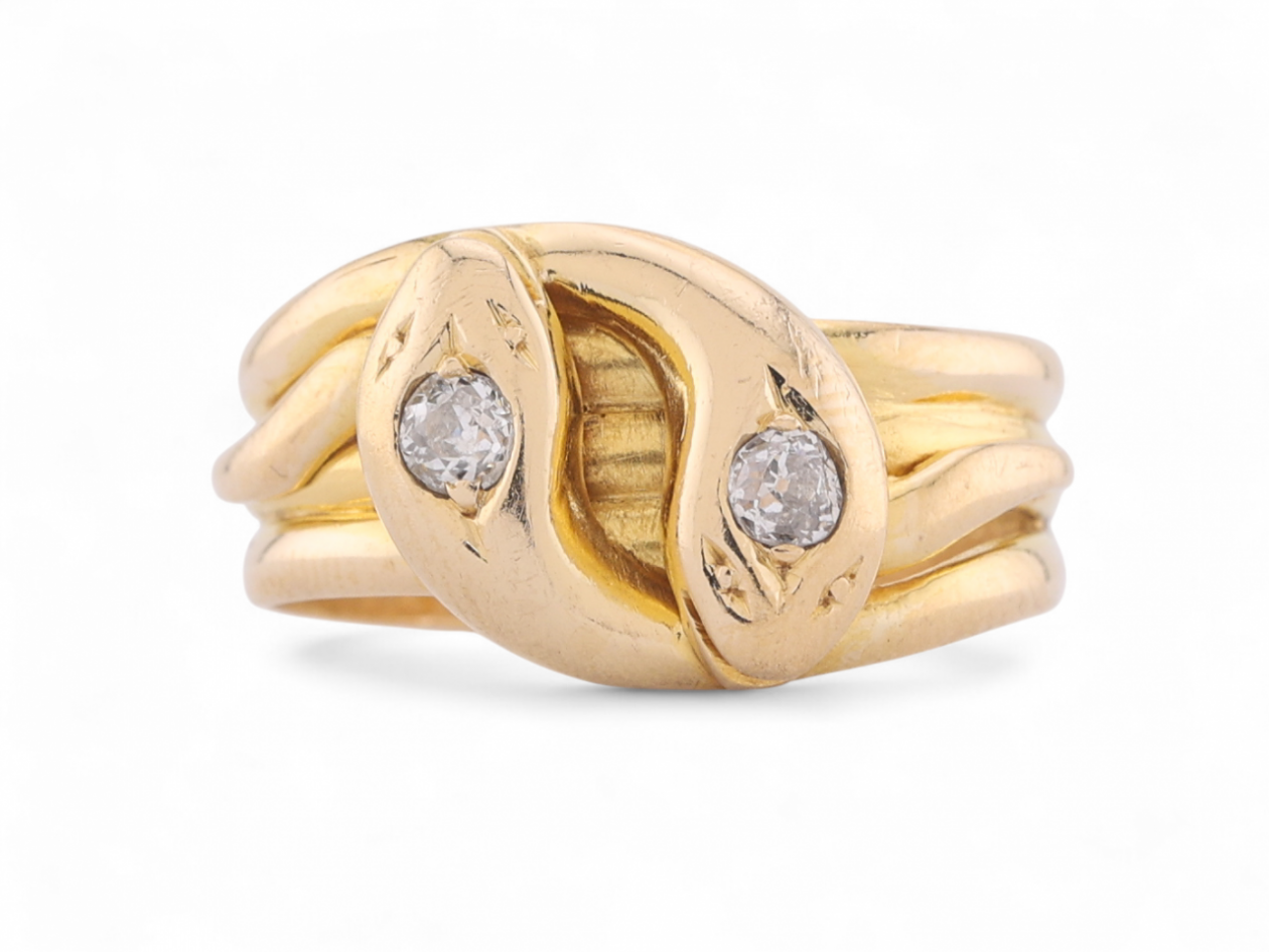 Edwardian Double Headed Diamond Set Snake Ring In 18kt Yellow Gold
