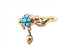 Antique Turquoise Cluster And Heart Ring Clasped In 18kt Yellow Gold Hands