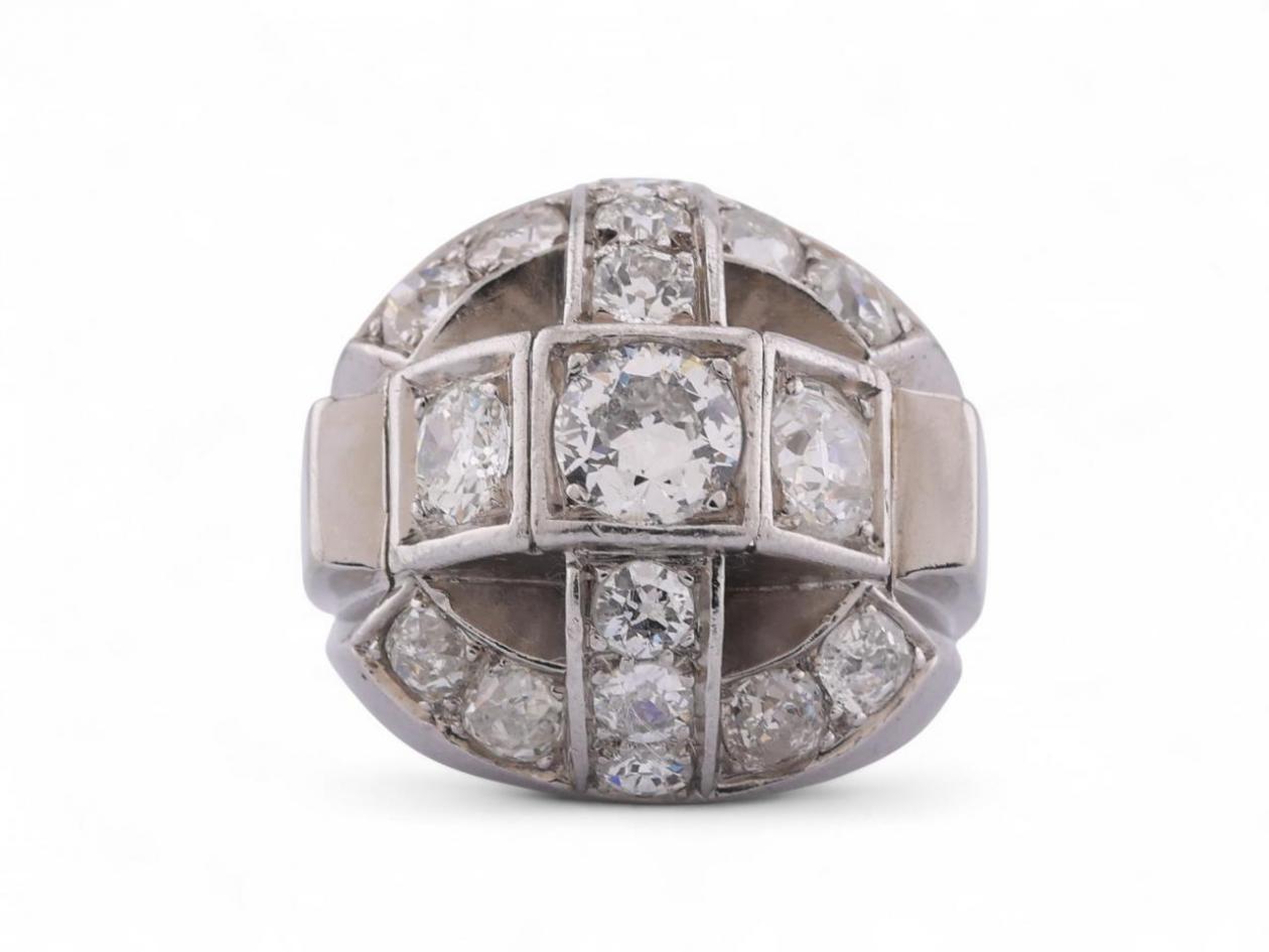 Retro Old Cut Diamond Set Bombe Ring In Platinum