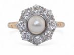 Antique Style Pearl And Old Mine Cut Diamond Coronet Cluster Ring In Platinum And 18kt Yellow Gold