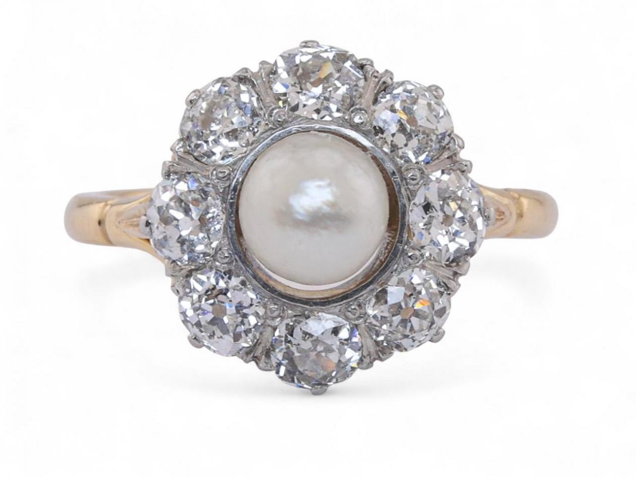 Antique Style Pearl And Old Mine Cut Diamond Coronet Cluster Ring In Platinum And 18kt Yellow Gold