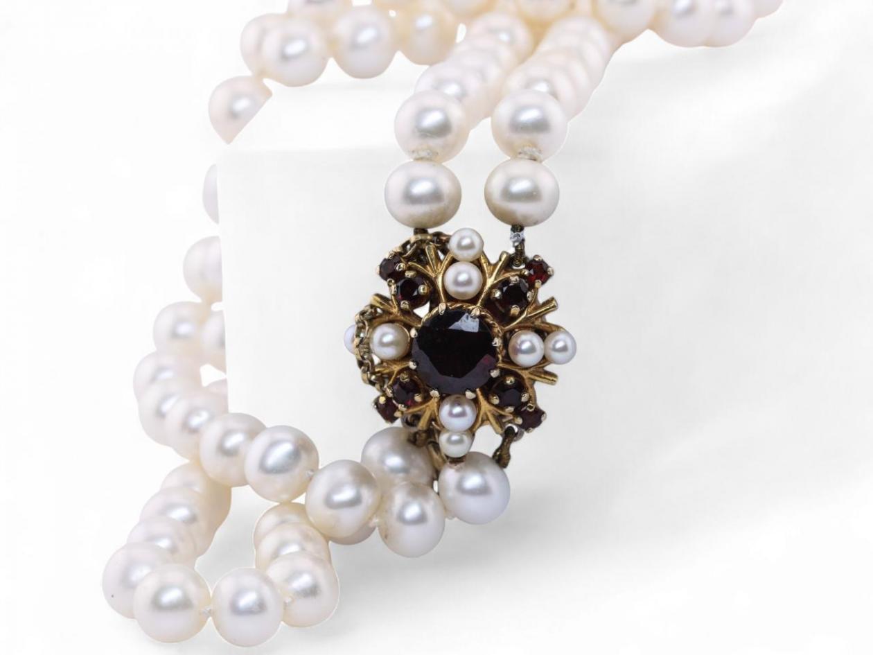 Double Row Pearl Necklace with Garnet and Pearl Clasp
