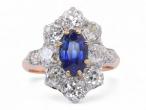 Belle Epoque Sapphire And Old Mine Cut Diamond Cluster Ring In 18kt Yellow Gold And Platinum