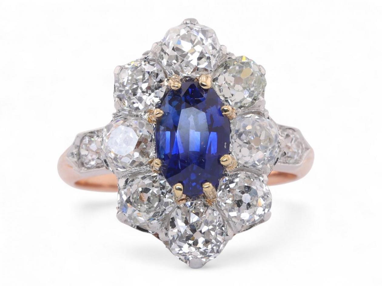 Belle Epoque Sapphire And Old Mine Cut Diamond Cluster Ring In 18kt Yellow Gold And Platinum