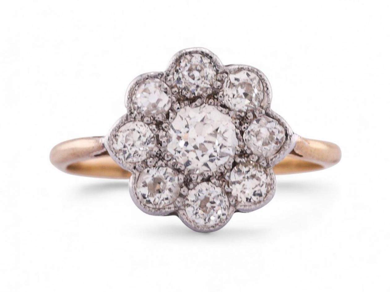 Edwardian Style Old Mine Diamond Daisy Cluster Ring In 18kt Gold And Platinum