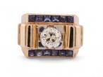 Retro old mine diamond and sapphire tank ring in 18kt yellow gold and platinum