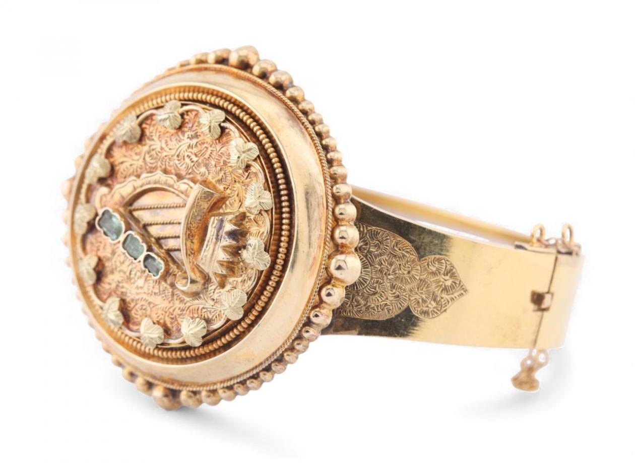 Victorian Emerald Set Irish Harp Bangle in 15kt Yellow GoldVictorian Emerald Set Irish Harp Bangle in 15kt Yellow Gold