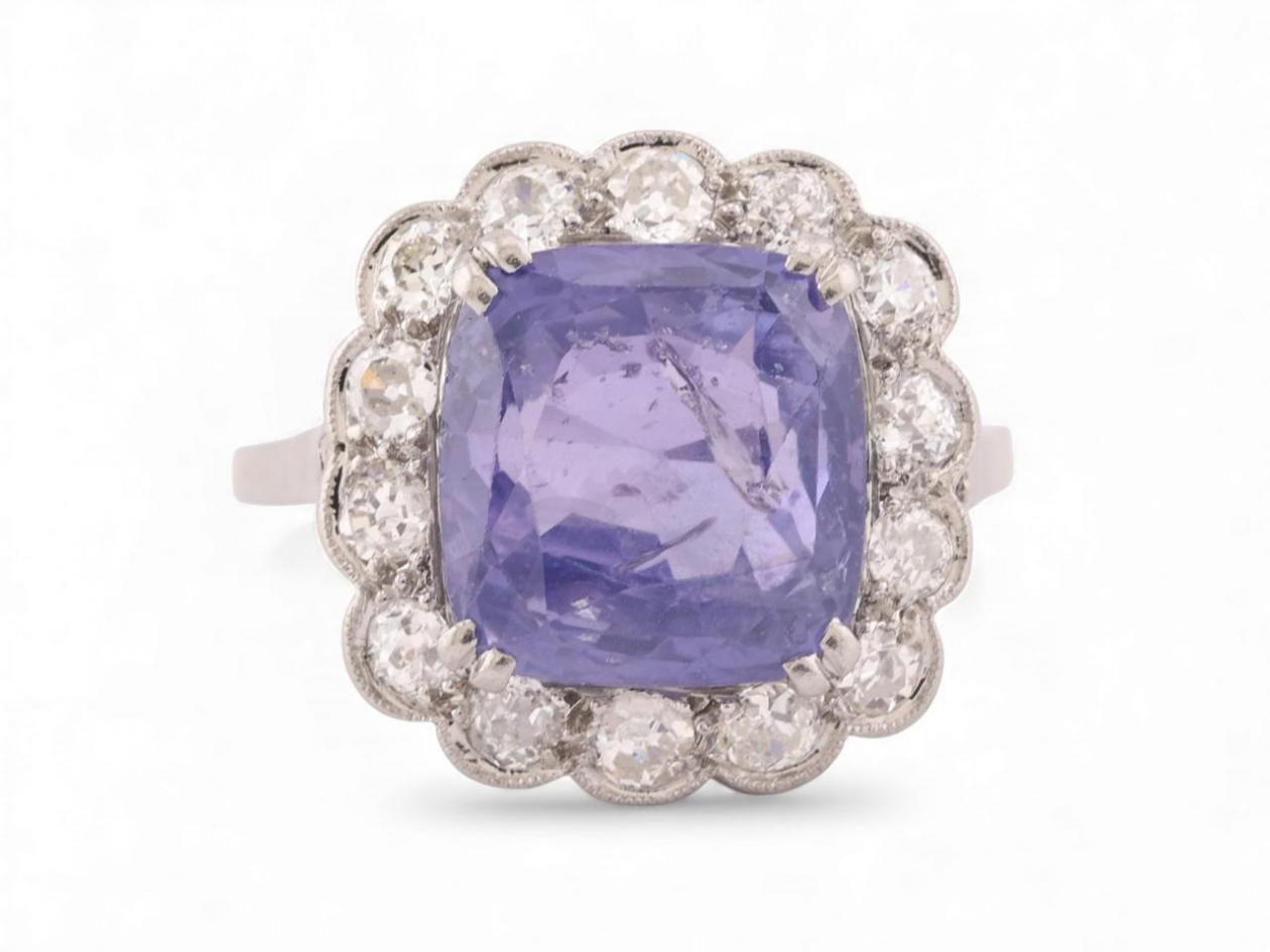Vintage Purple Sapphire And Diamond Cluster Ring In Platinum