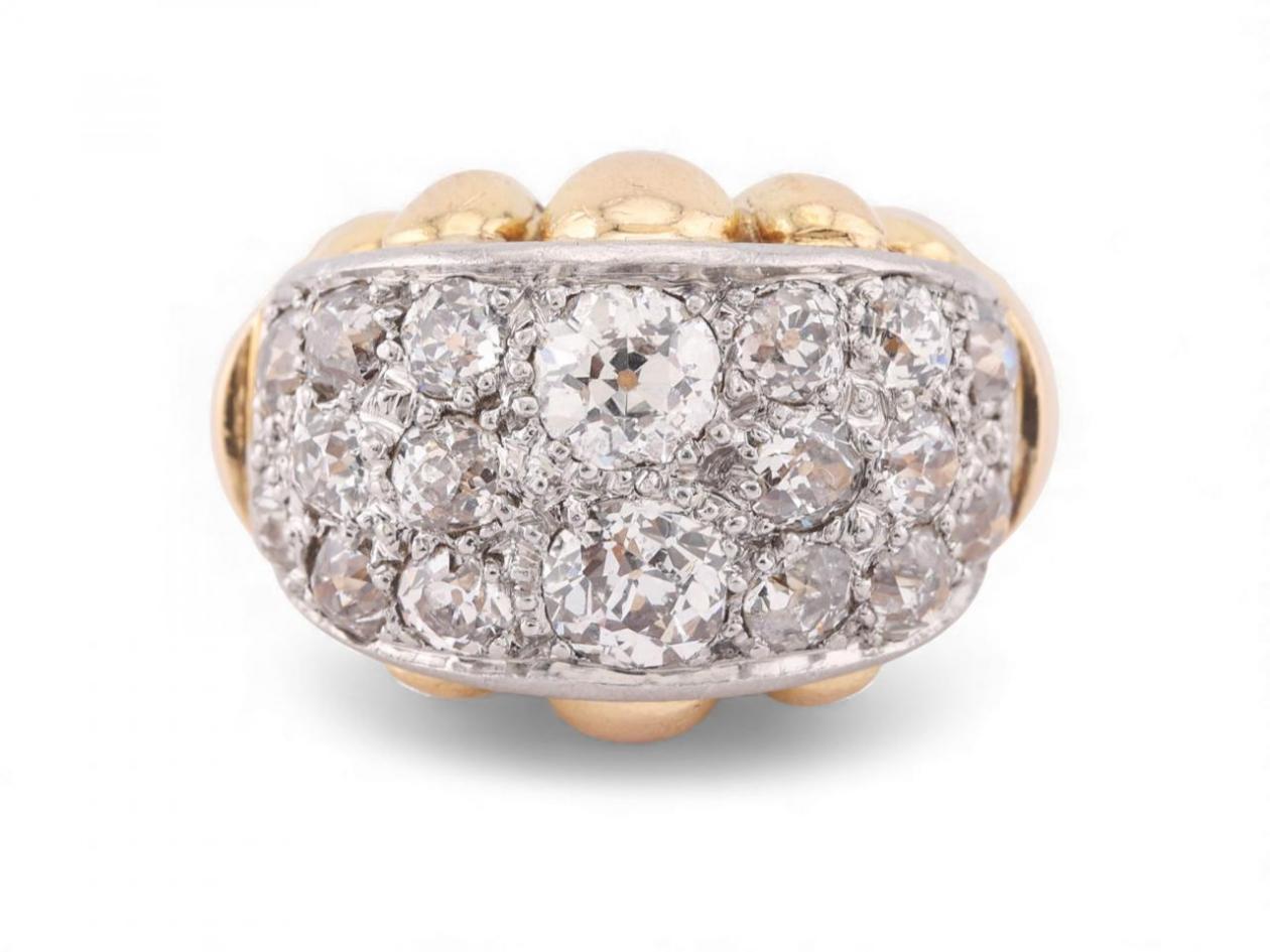 French 1950s Diamond Set Bombe Ring in Fluted 18kt Yellow Gold And Platinum
