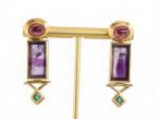 Modernist Tourmaline, Amethyst And Emerald Earrings In 18kt Yellow Gold By Boris LeBeau