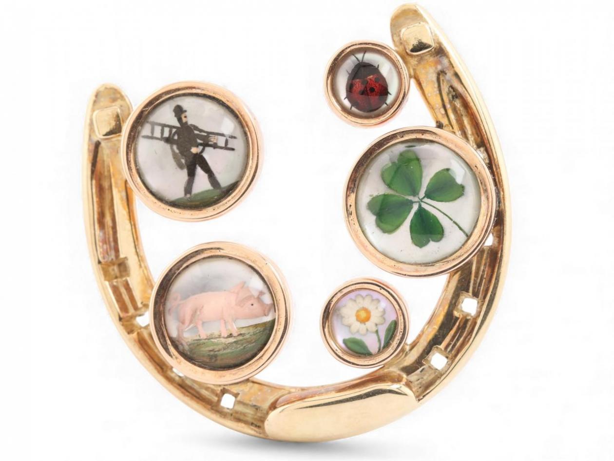 Antique Austrian Essex Crystal Set Multi-Lucky Charm Brooch in 14kt Yellow Gold