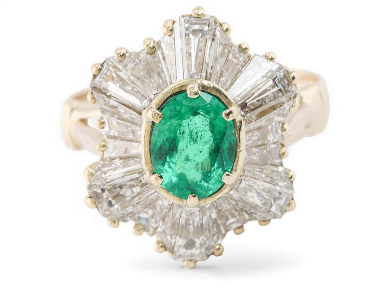 Vintage Ballerina Emerald And Diamond Cocktail Ring In Yellow Gold
