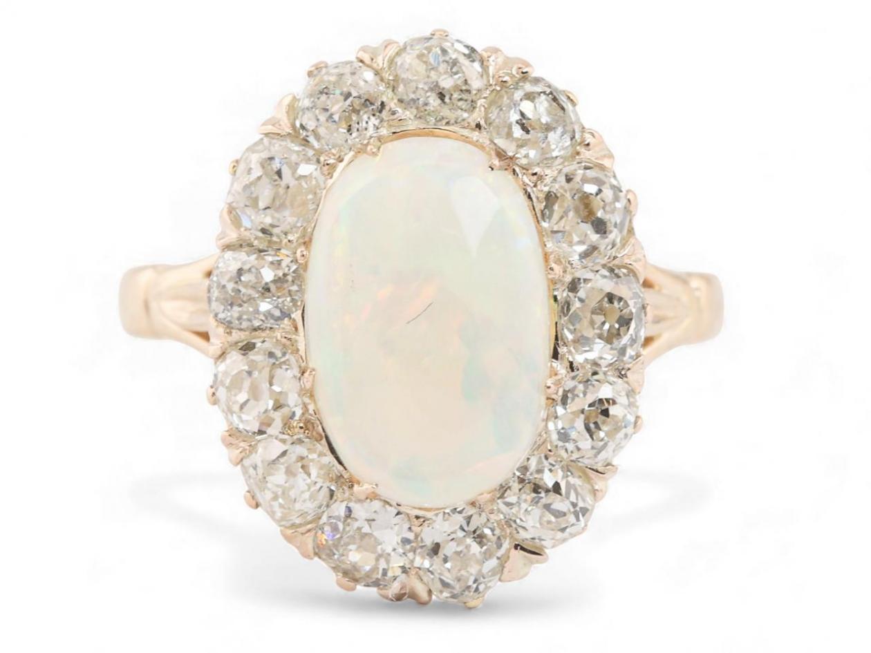 Antique Opal and Diamond Cluster Ring in 18kt Gold