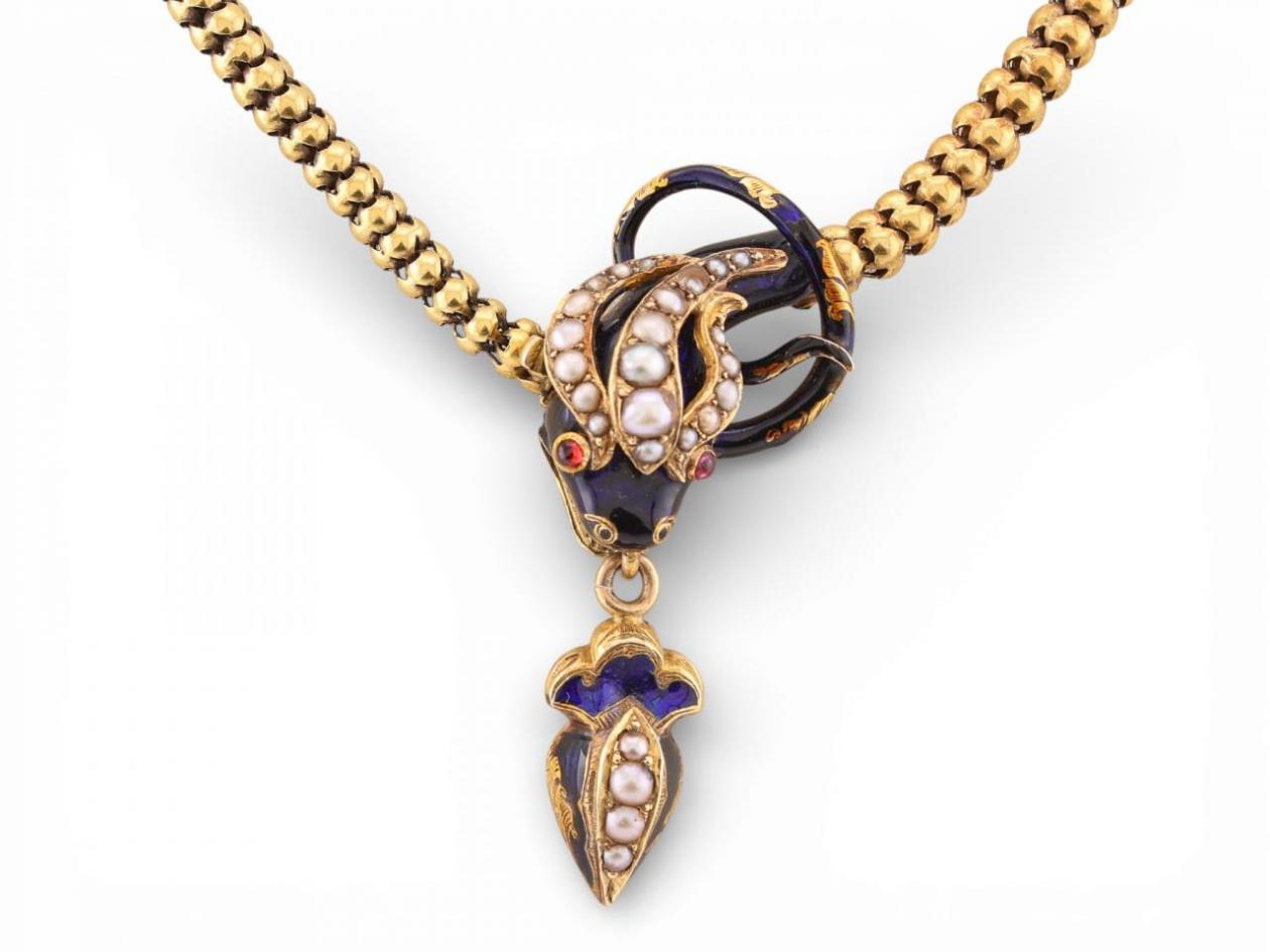 Victorian enamel and seed pearl serpent necklace