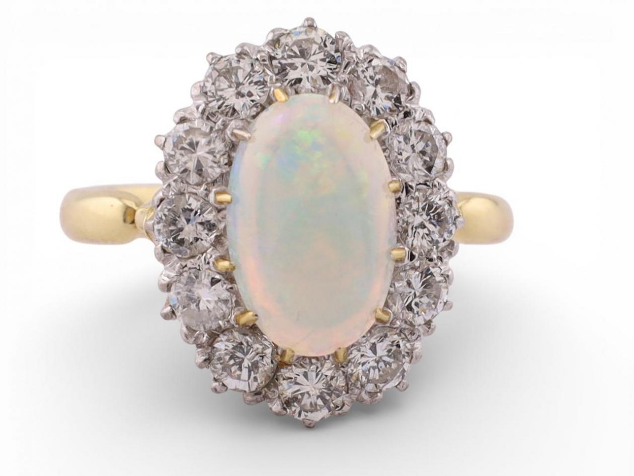 Vintage Opal and Diamond Cluster Ring in 18kt Gold