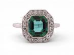 Art Deco Green Tourmaline and Diamond Cluster Ring in Platinum