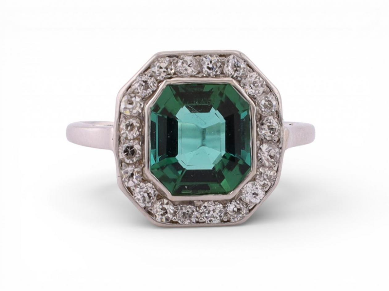 Art Deco Green Tourmaline and Diamond Cluster Ring in Platinum