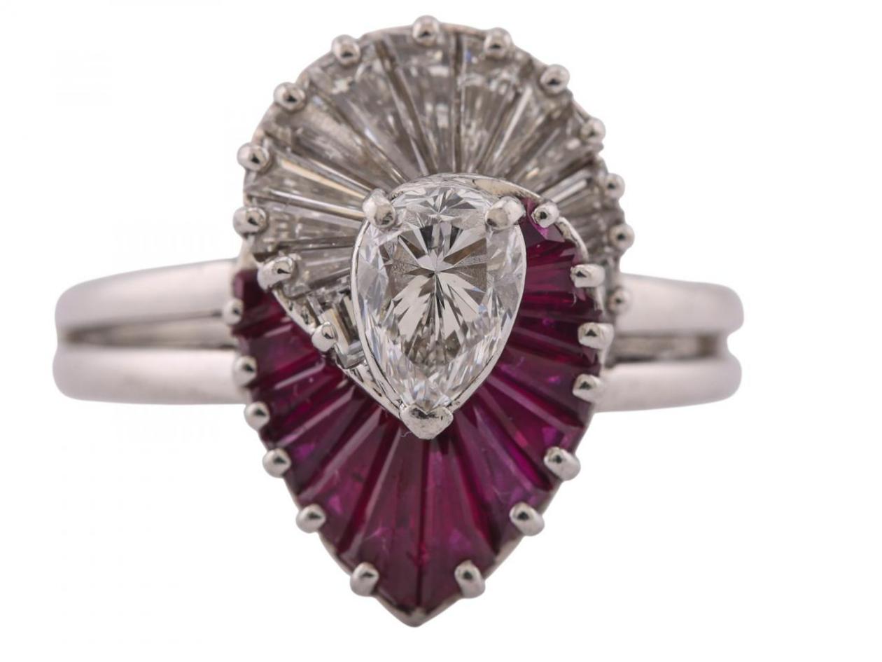 Oscar Heyman Platinum Pear Diamond and Ruby Ballerina Ring