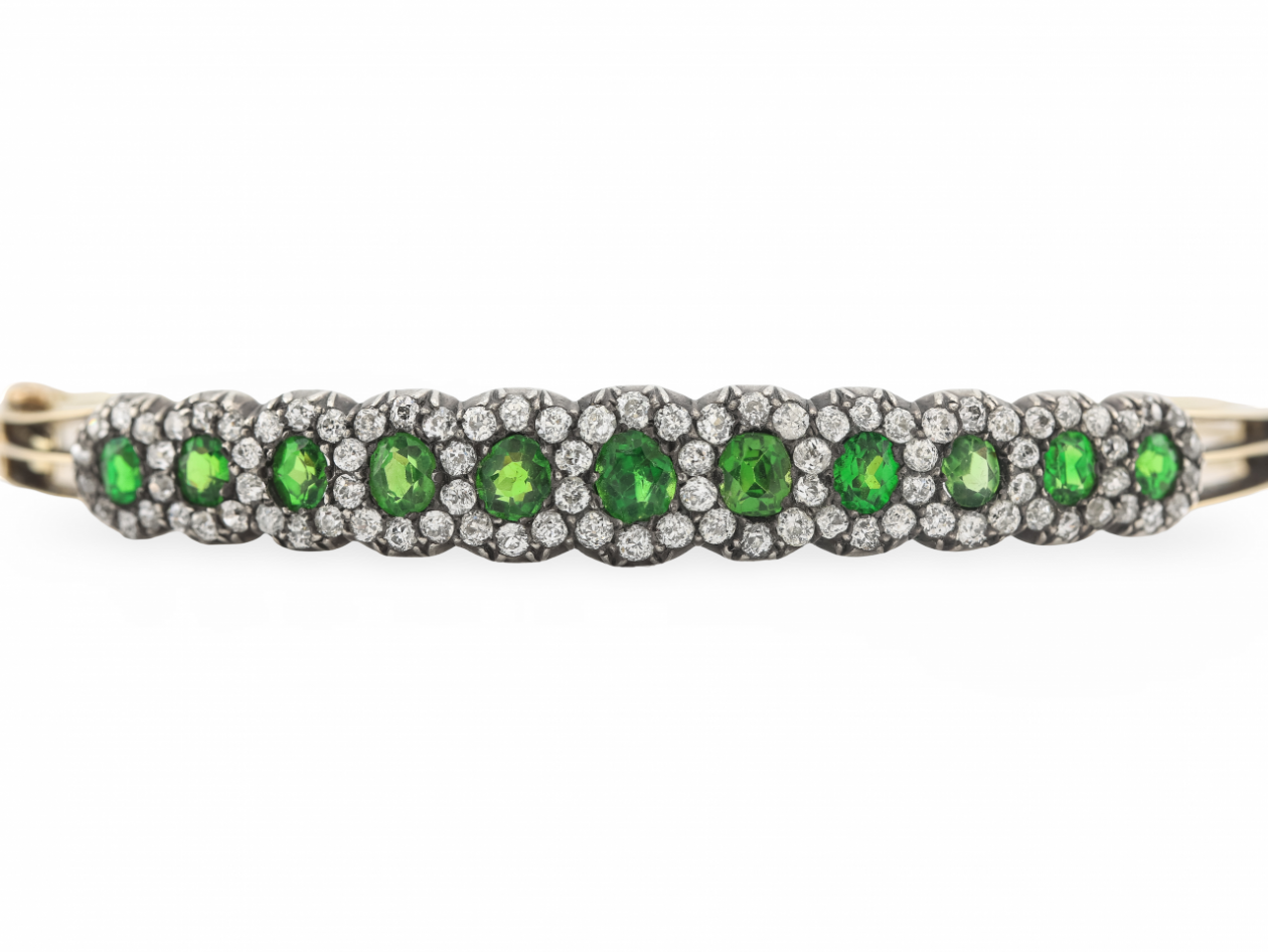 Demantoid Garnet and Diamond Bangle in Silver on 18ct Gold
