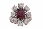 White Gold Ruby and Diamond Starburst Cluster Ring