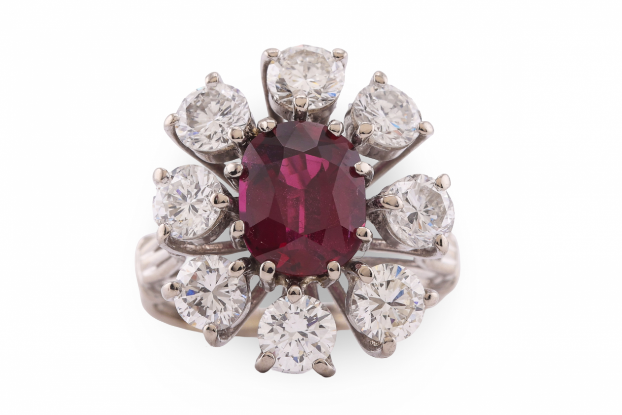 White Gold Ruby and Diamond Starburst Cluster Ring