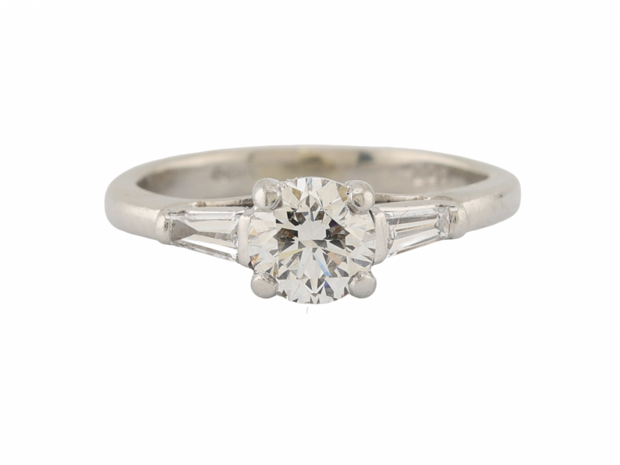 Platinum Diamond Solitaire Ring with Baguette Shoulders