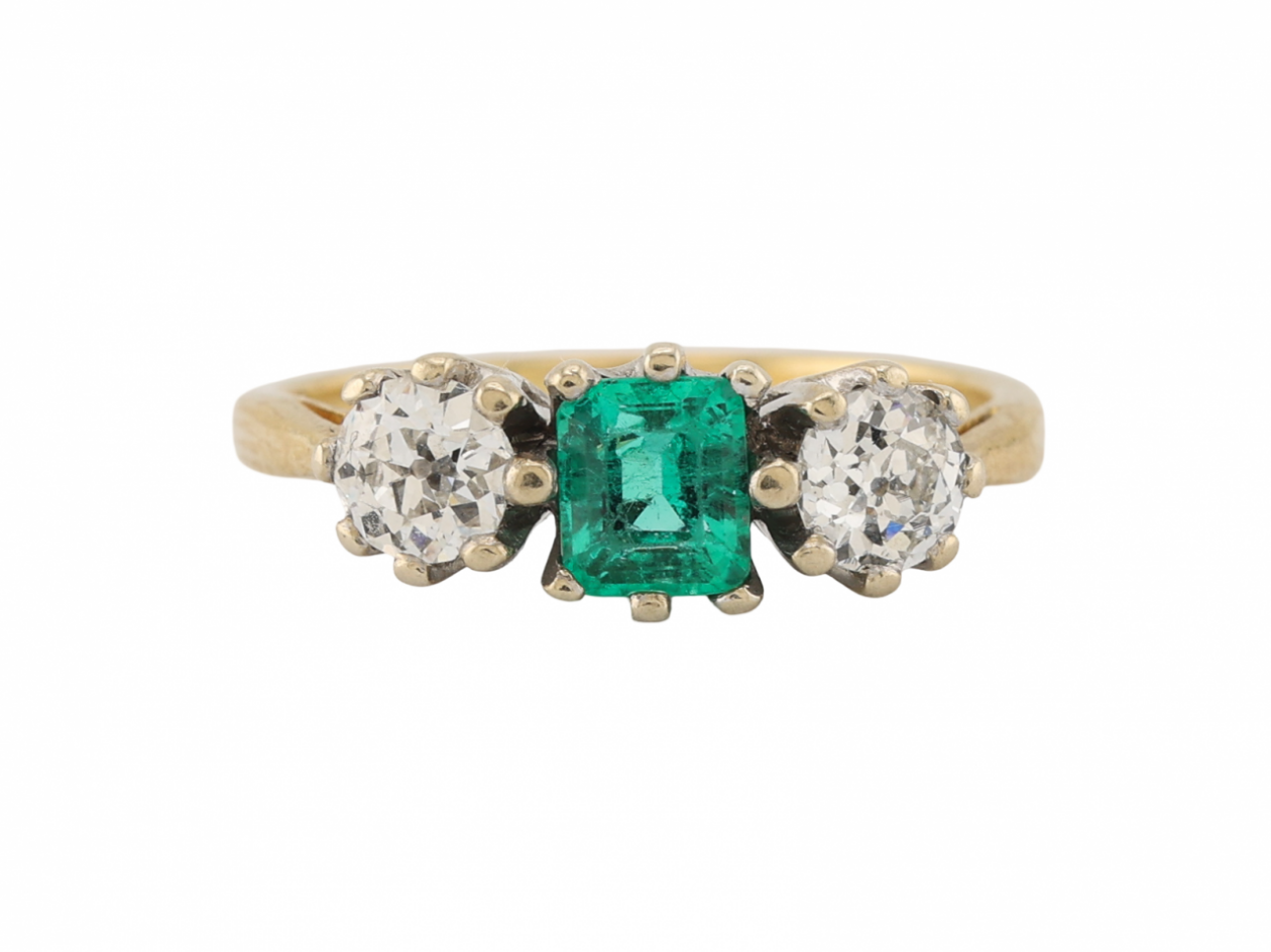 18ct Gold Emerald and Diamond Three Stone Ring