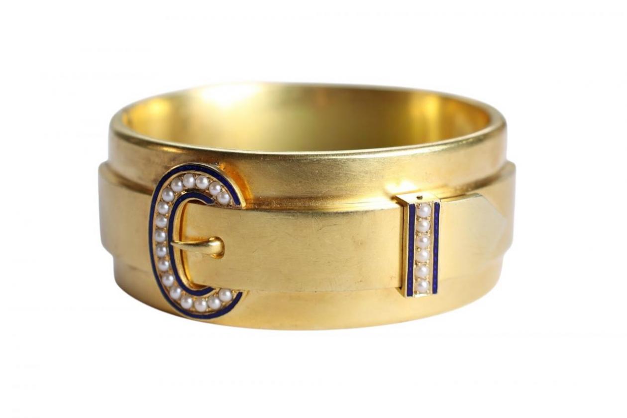 18ct Gold Pearl and Enamel Buckle Bangle