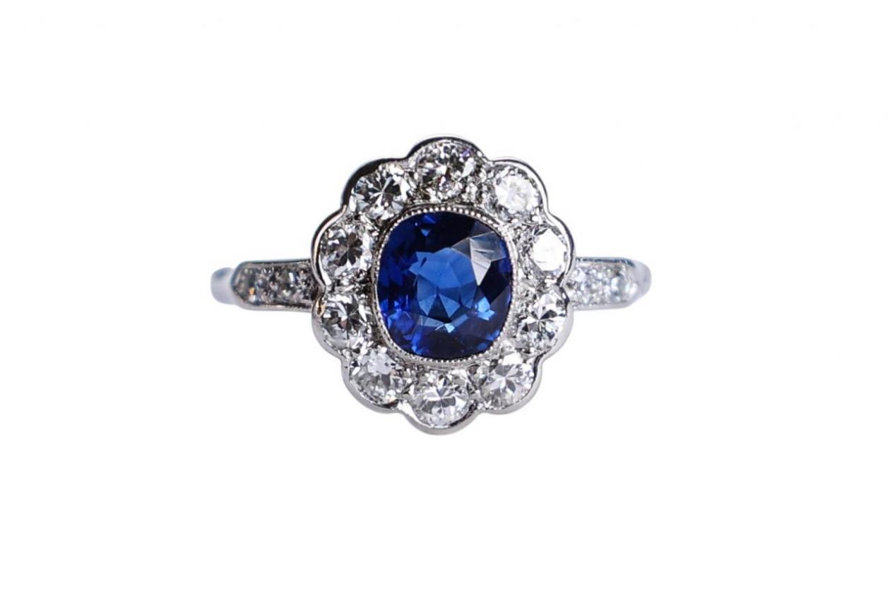 Platinum Sapphire and Diamond Cluster Ring