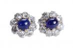 18ct Gold and Silver Cabochon Sapphire and Diamond Cluster Earrings