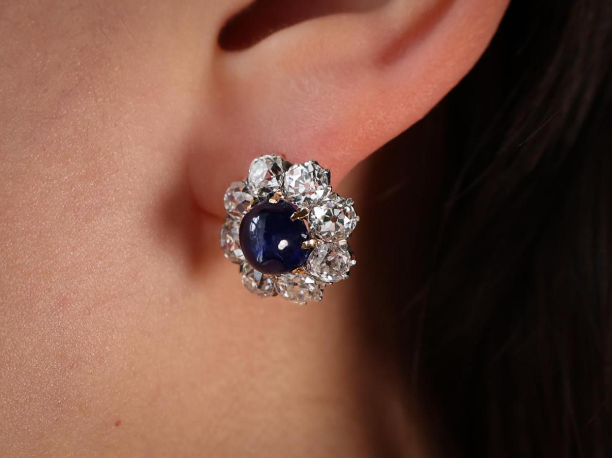18ct Gold and Silver Cabochon Sapphire and Diamond Cluster Earrings