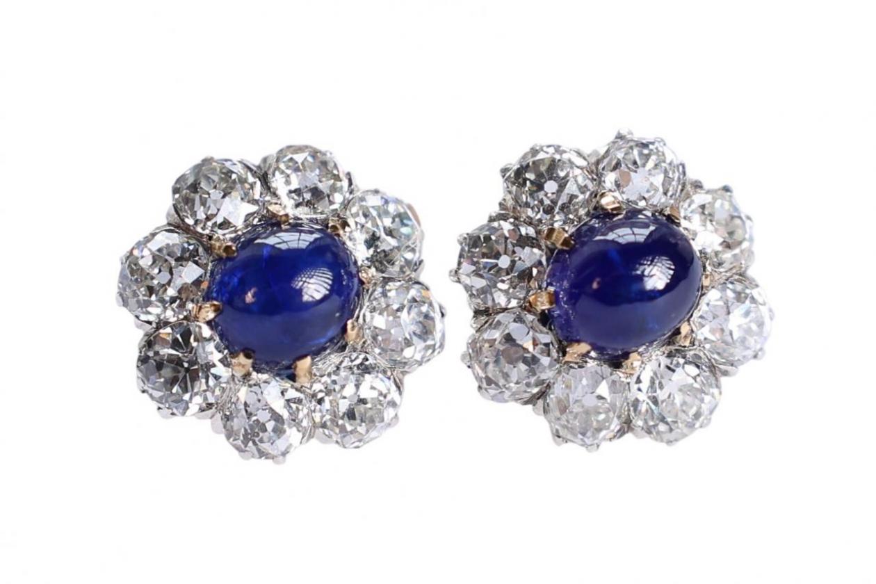 18ct Gold and Silver Cabochon Sapphire and Diamond Cluster Earrings