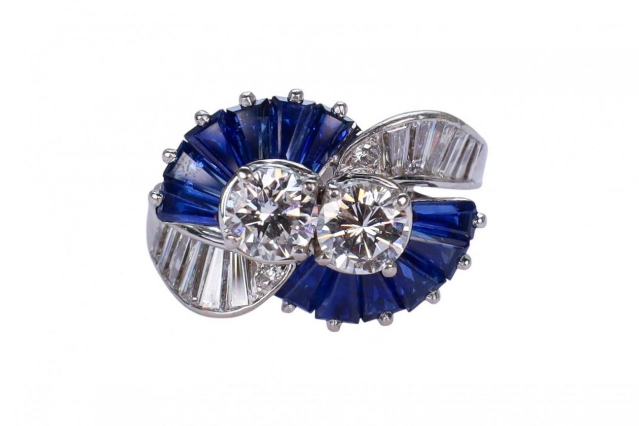 Platinum Diamond and Sapphire Toi et Moi Ring by Oscar Heyman