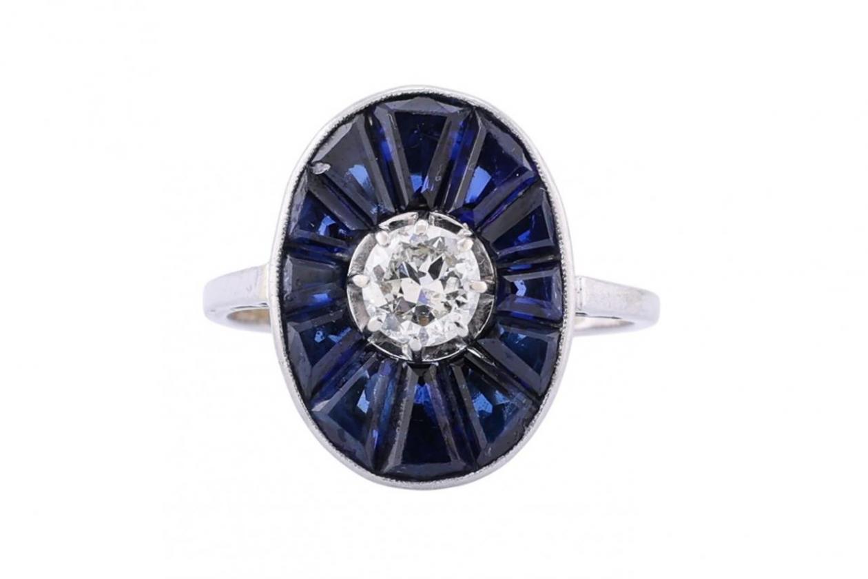 18ct White Gold Art Deco Sapphire and Diamond Target Ring