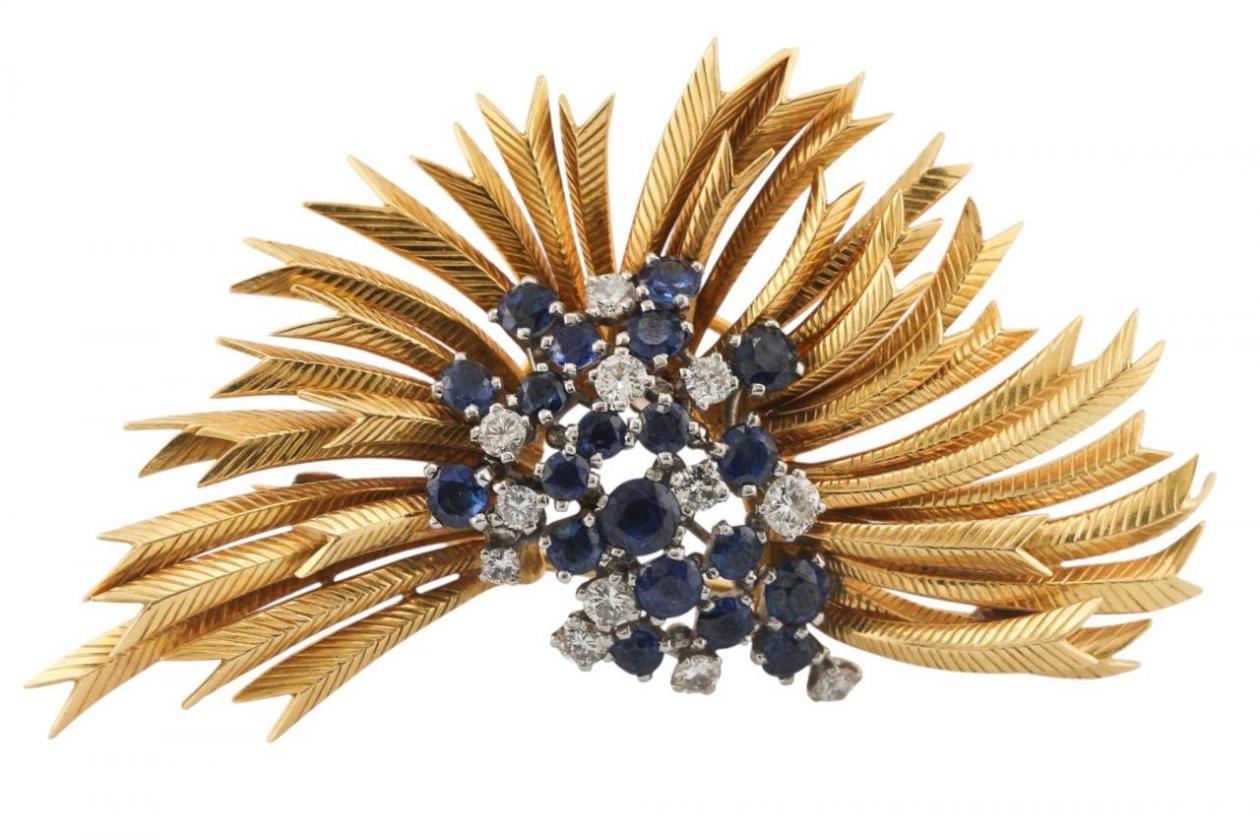 Gold, sapphire and diamond brooch