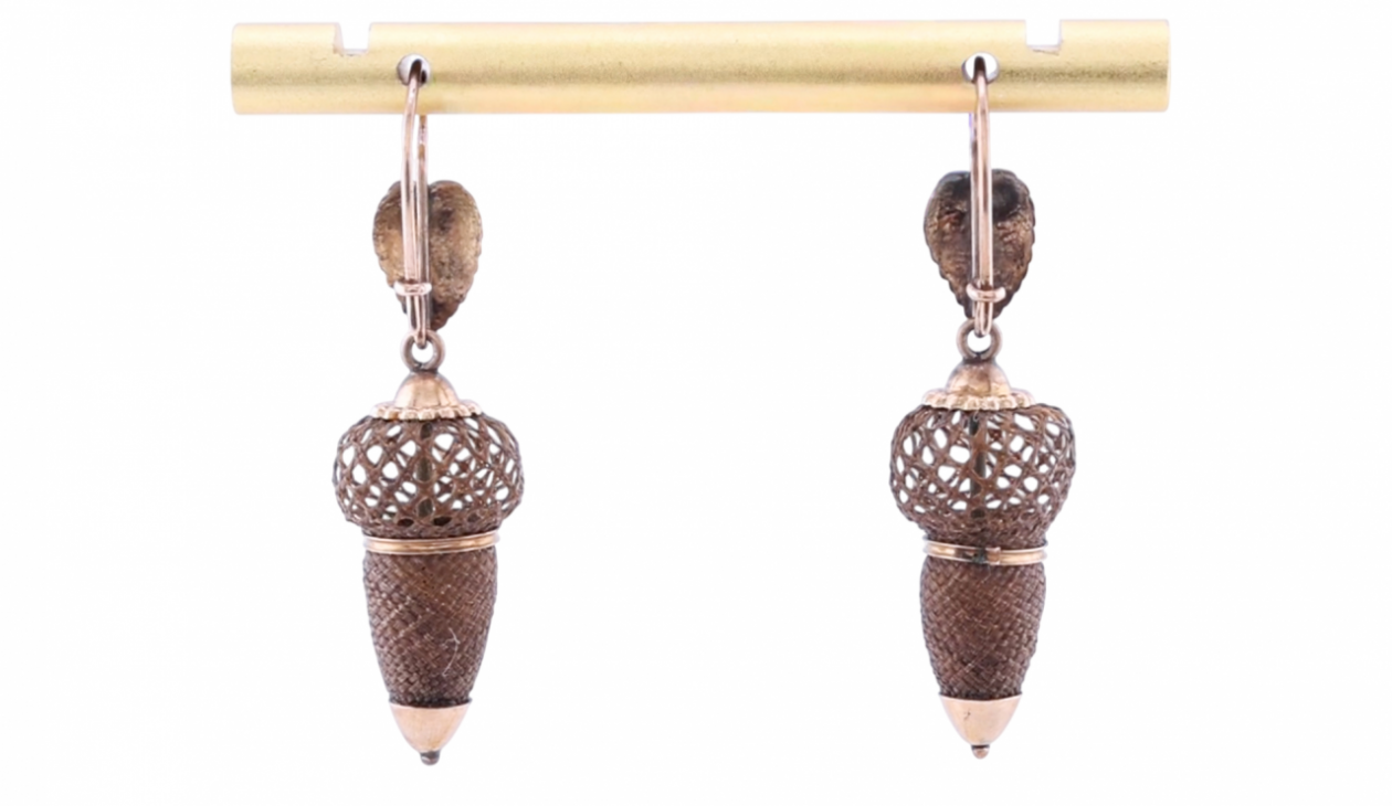 Gold and Hairwork Acorn Drop Earrings
