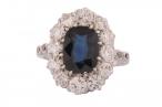 Edwardian Platinum Oval Sapphire & Diamond Cluster Ring