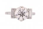 Platinum Old European Cut Diamond Ring with Baguette Diamond Shoulders