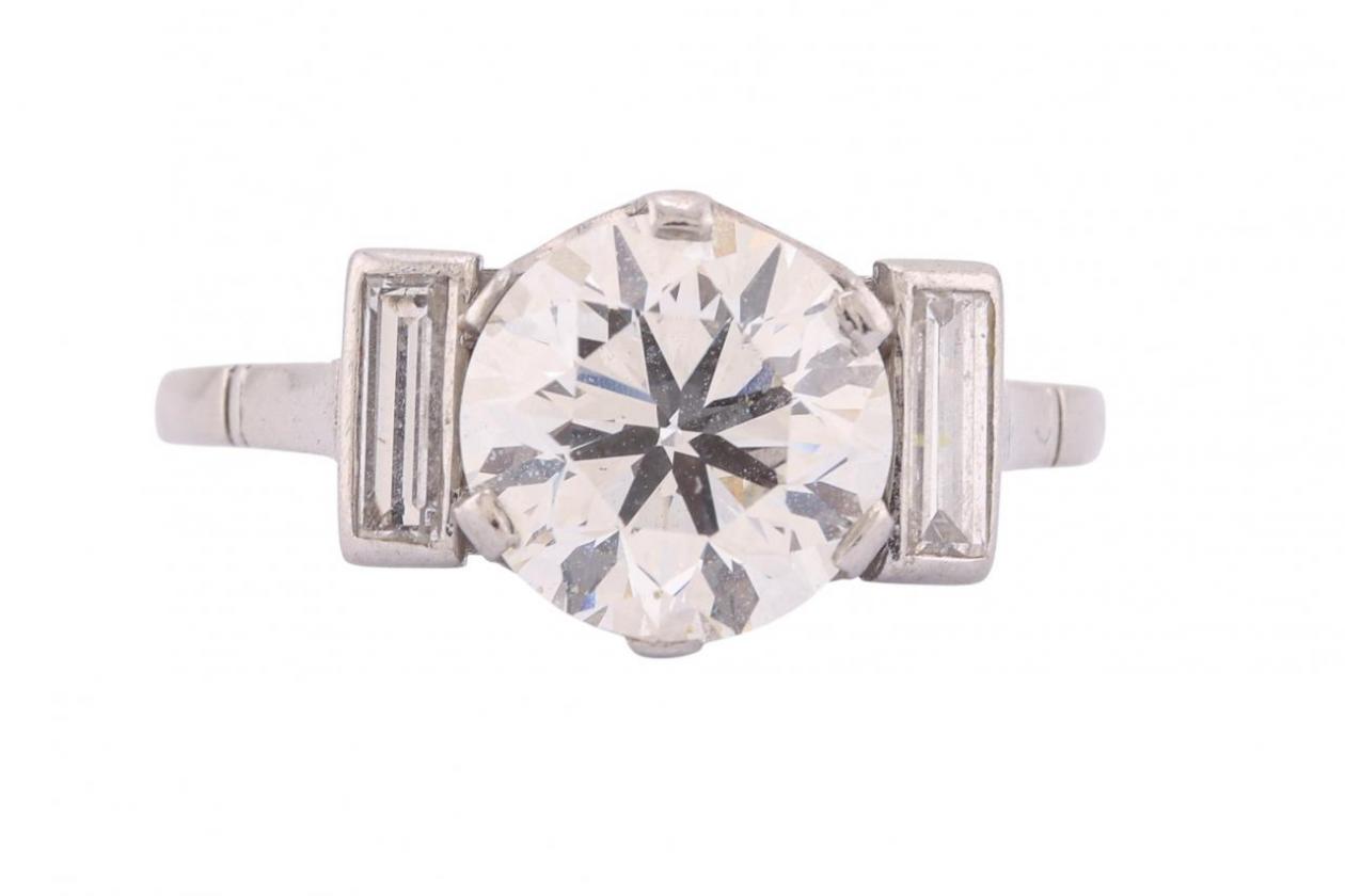 Platinum Old European Cut Diamond Ring with Baguette Diamond Shoulders