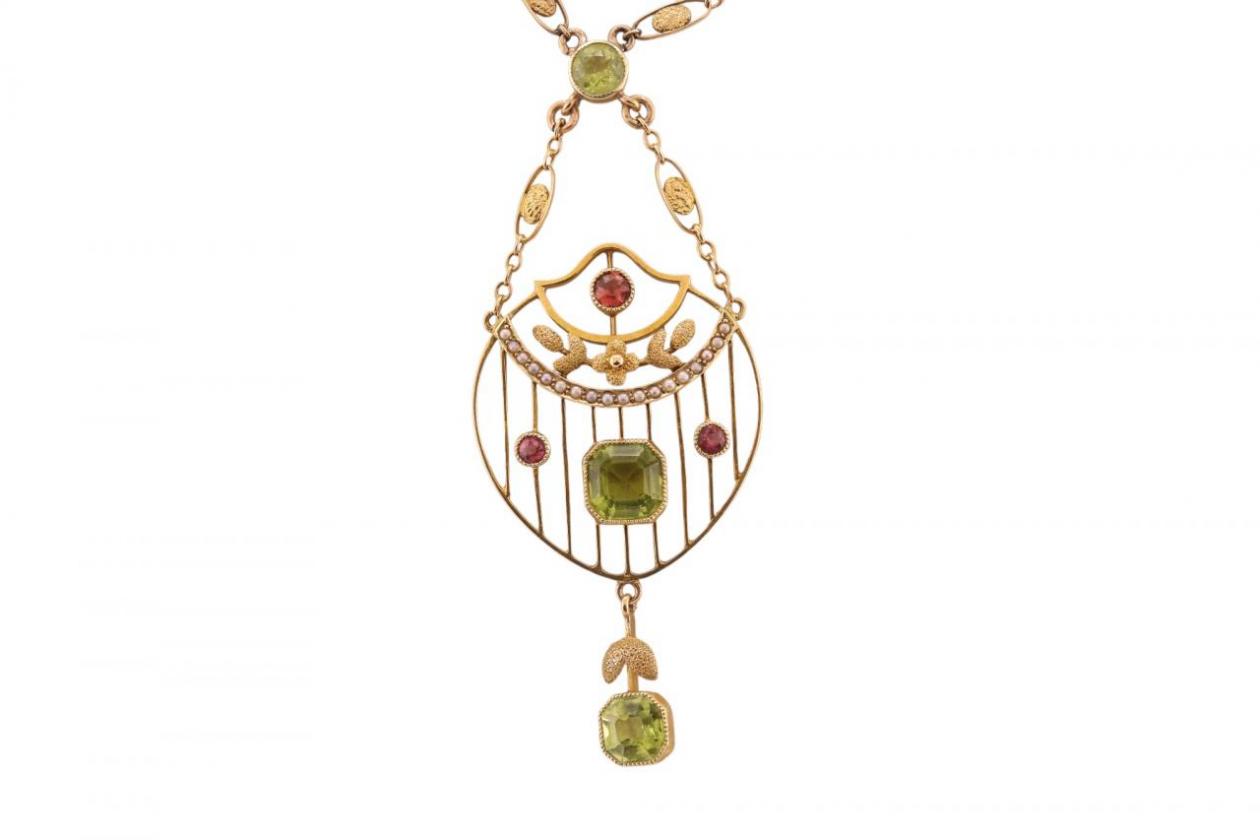 15kt Yellow Gold Peridot, Tourmaline and Seed Pearl Pendant Necklace15kt Yellow Gold Peridot, Tourmaline and Seed Pearl Pendant Necklace