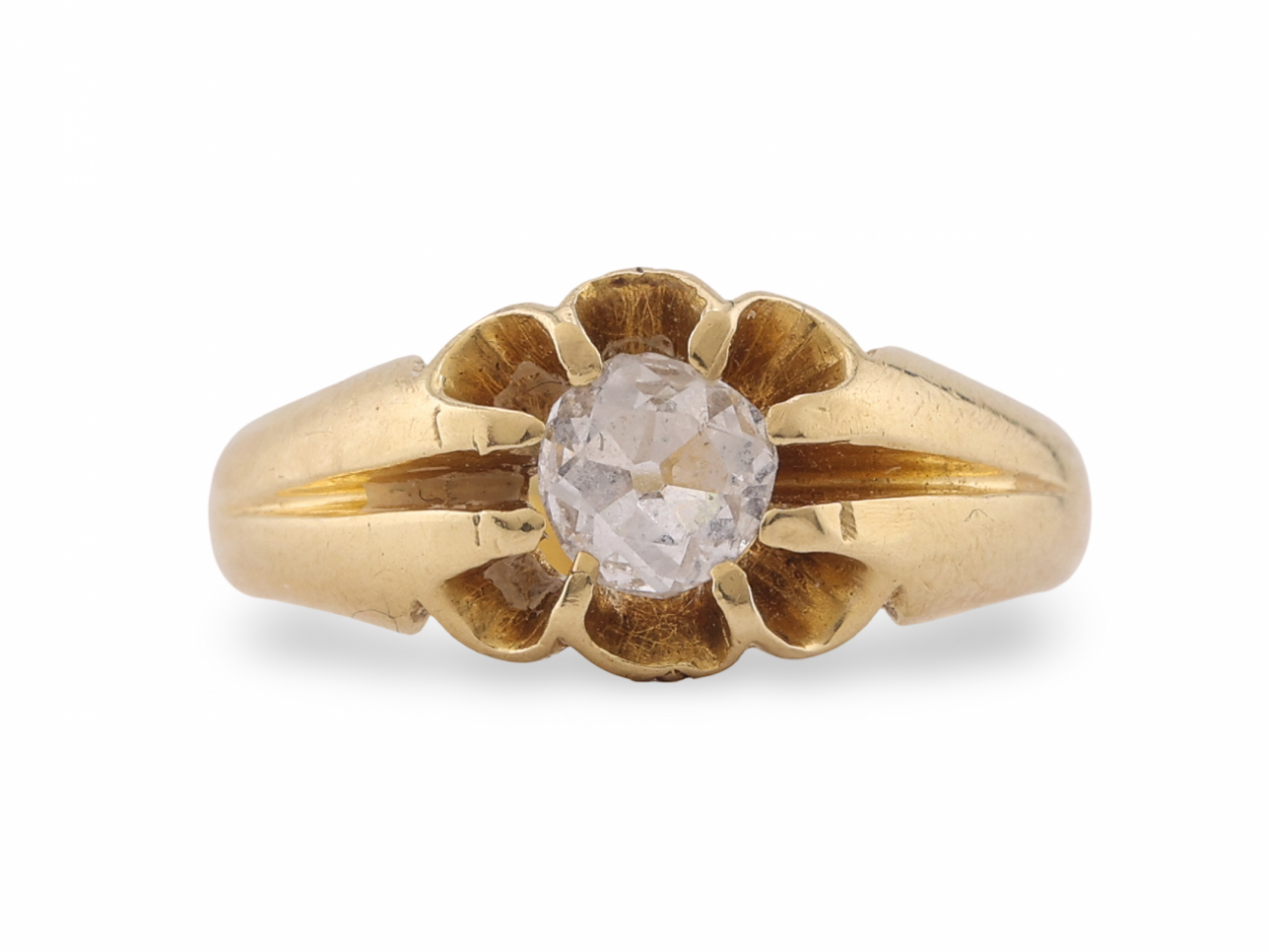 European cut diamond solitaire ring set in 18k yellow gold
