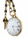 Yellow Gold Rose Cut Diamond and Black Enamel Fob Watch with Enamelled Longchain, Key and Carnelian Seal