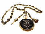 Yellow Gold Rose Cut Diamond and Black Enamel Fob Watch with Enamelled Longchain, Key and Carnelian Seal