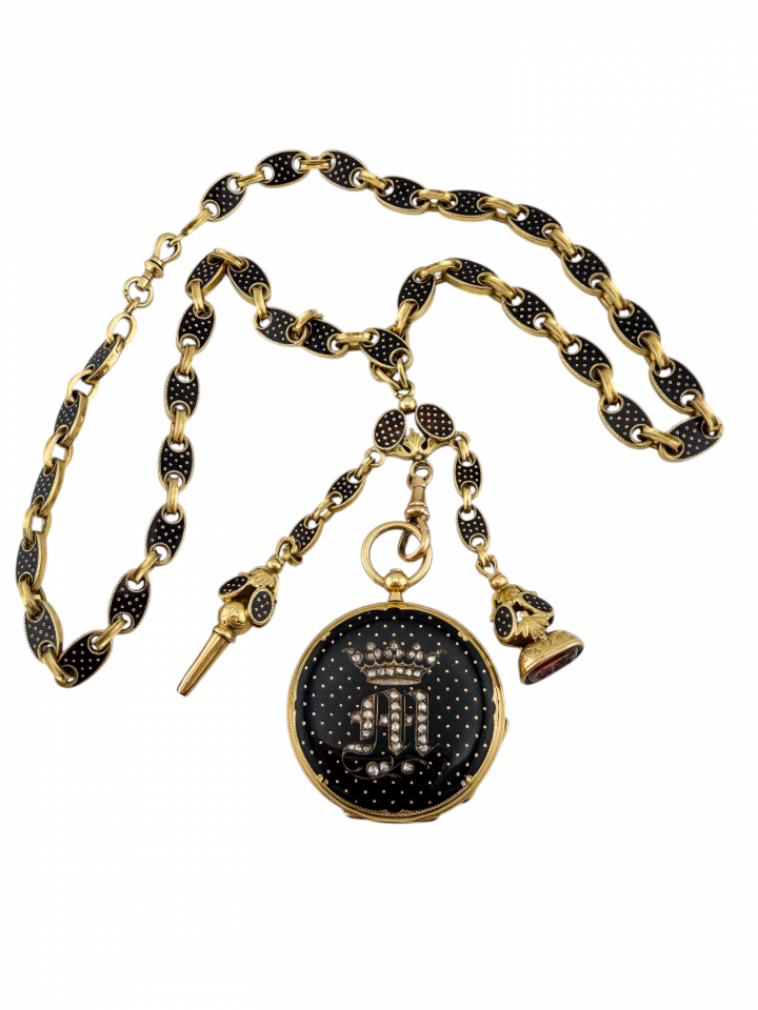 Yellow Gold Rose Cut Diamond and Black Enamel Fob Watch with Enamelled Longchain, Key and Carnelian Seal