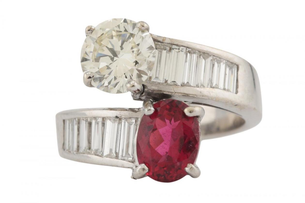 18kt White Gold Diamond and Rubellite Crossover Ring