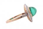 Edwardian Cabochon Emerald ring with tiered double diamond millgrain border