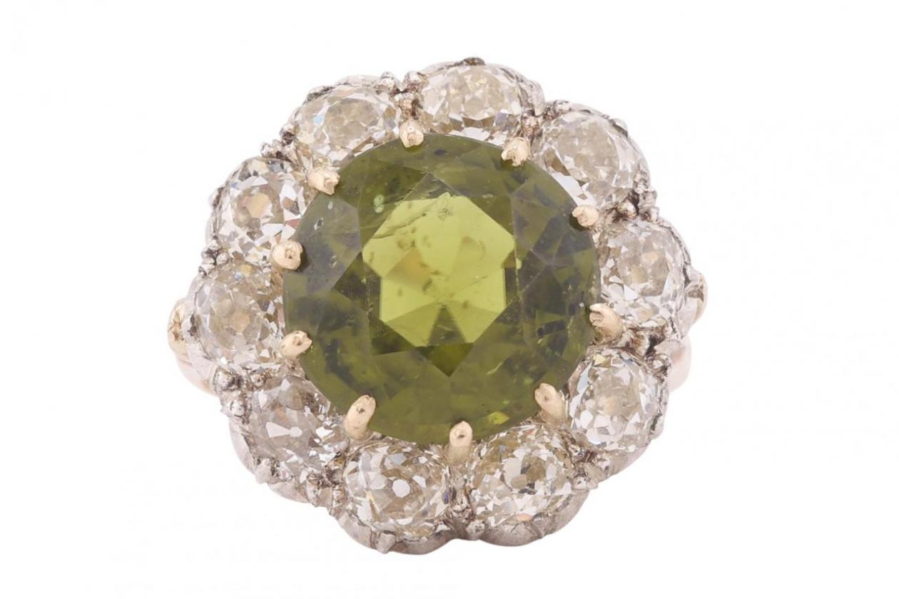 Edwardian Peridot and Old European Cut Diamond Cluster Dress Ring