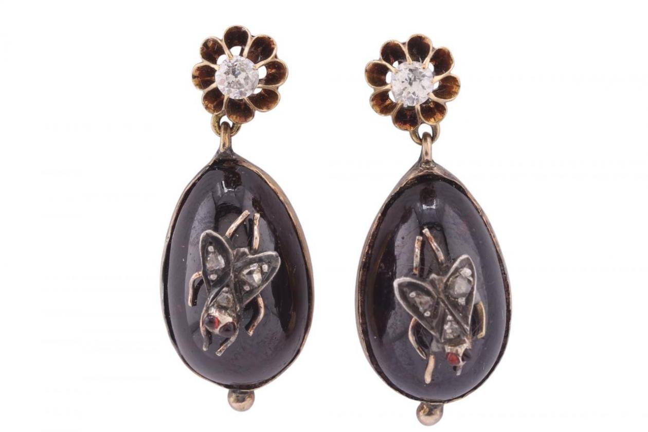 Victorian Garnet Cabochon Drop Earrings with Fly Motif