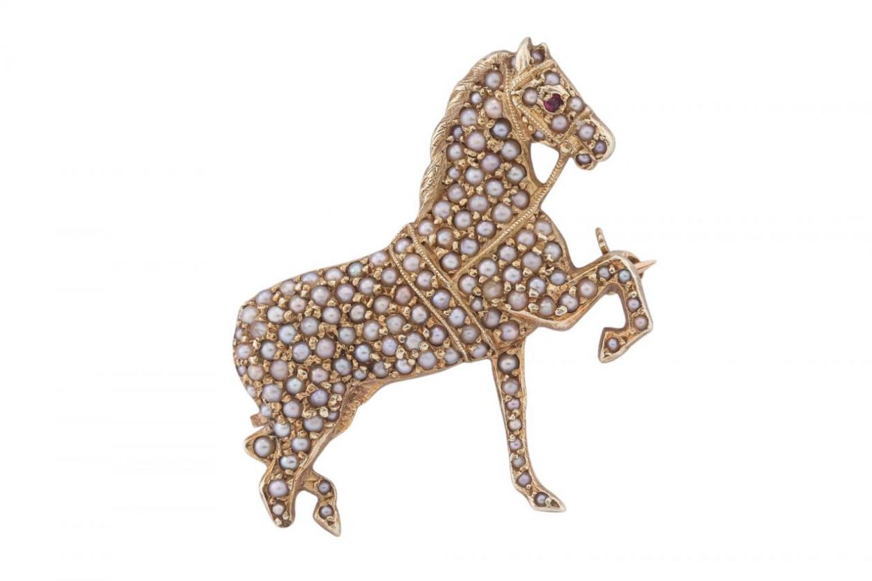 American Art deco Gold Equestrian seed pearl and ruby brooch