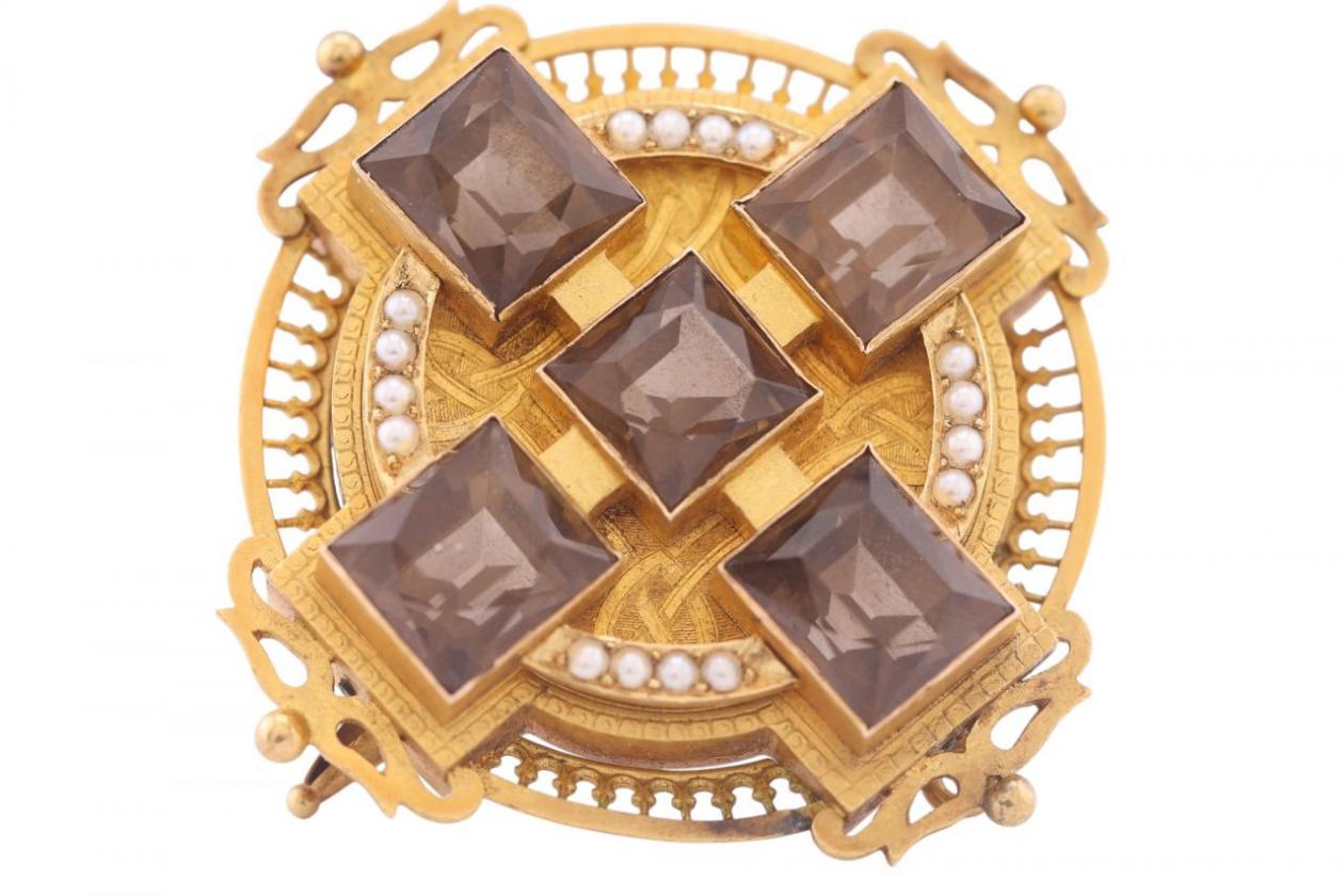VICTORIAN CELTIC REVIVAL SMOKY QUARTZ AND SEED PEARL CROSS BROOCH, CIRCA 1880